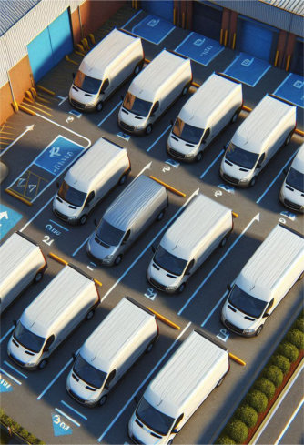 Många budbilar parkerade sett från ovan